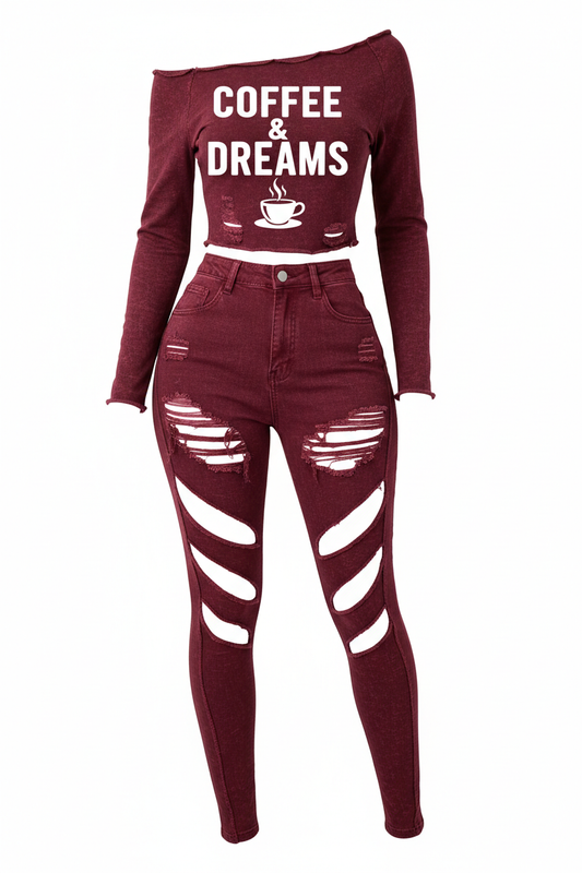 Burgundy "Coffee Time" Distressed 3-Piece Set