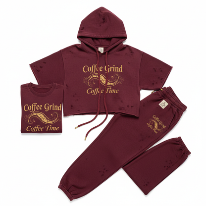 Burgundy "Coffee Time" Distressed 3-Piece Set